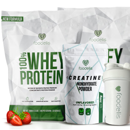 Pack 100% Whey Protein 2KG + Creatina Monohidratada 300G + Shaker - Foodelis Nutrition