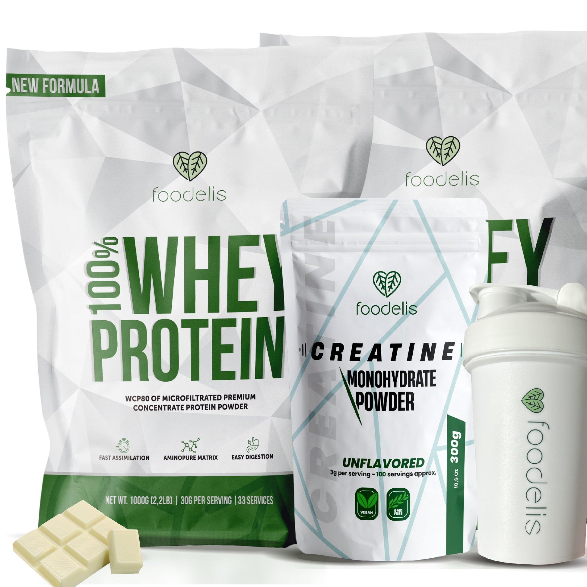 Pack 100% Whey Protein 2KG + Creatina Monohidratada 300G + Shaker - Foodelis Nutrition