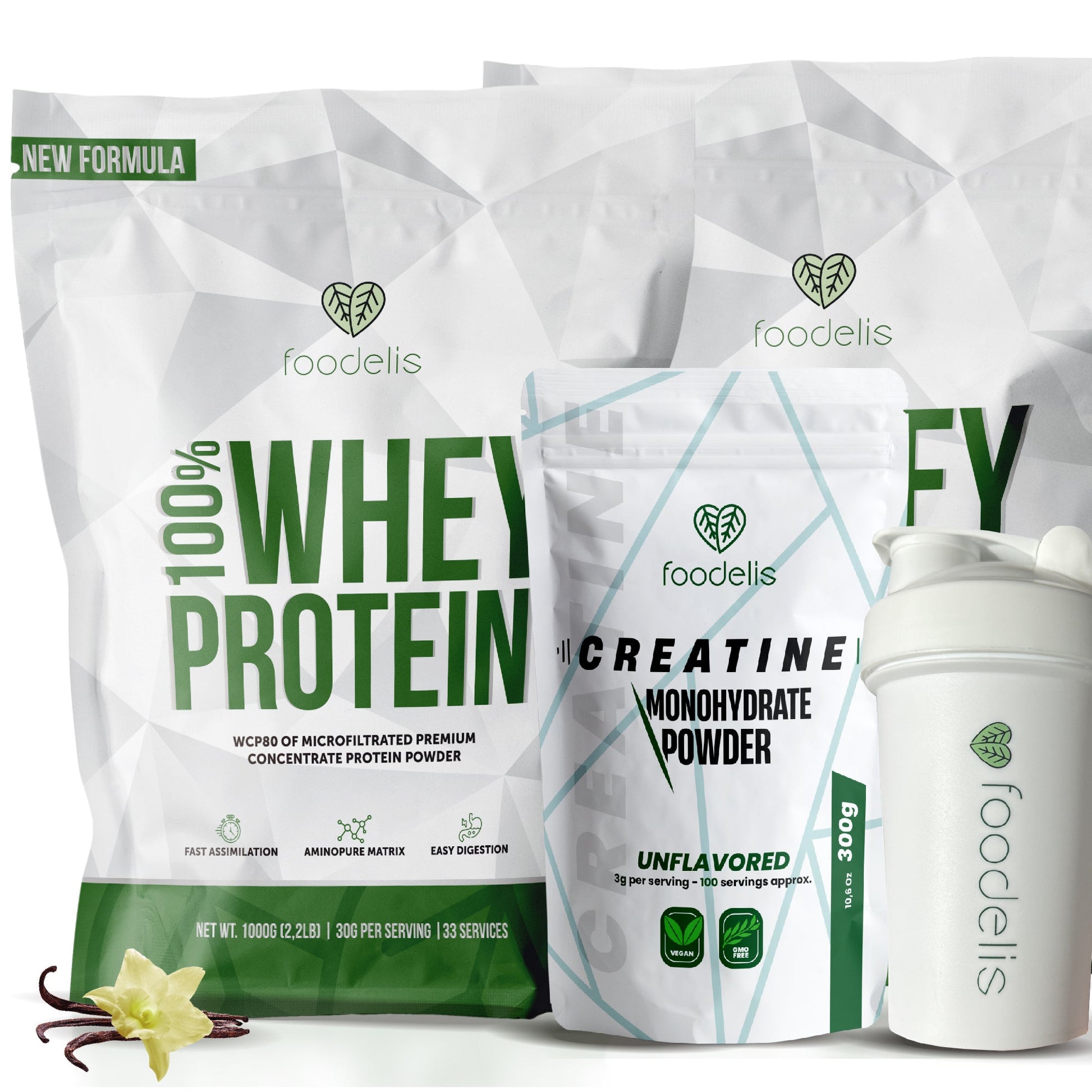 Pack 100% Whey Protein 2KG + Creatina Monohidratada 300G + Shaker - Foodelis Nutrition