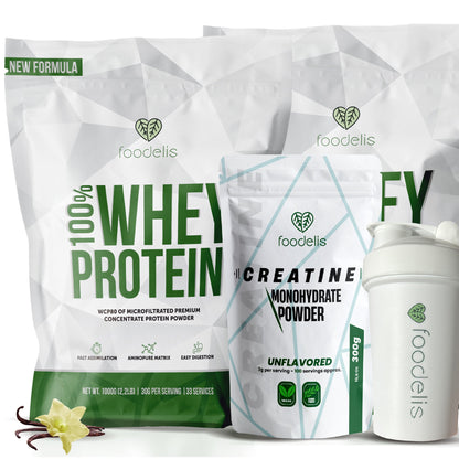 Pack 100% Whey Protein 4KG + Creatina Monohidratada 500G + Shaker - Foodelis Nutrition