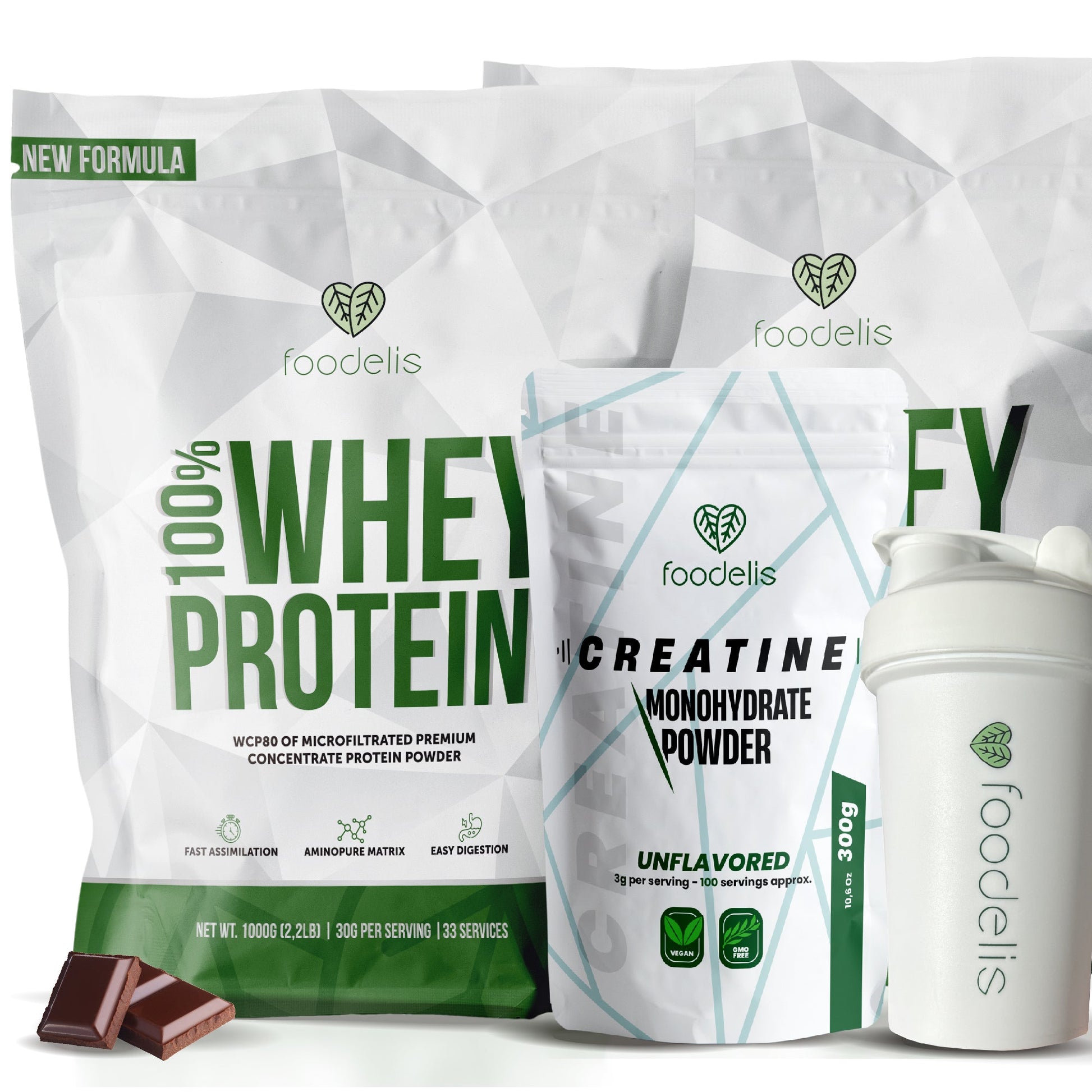 Pack 100% Whey Protein 4KG + Creatina Monohidratada 500G + Shaker - Foodelis Nutrition